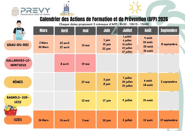 Calendrier PREVY Actions de formation et de prevention AFP 2026 - - Calendrier des Actions de Formation et de Prévention (AFP) PREVY - Saisonniers - PREVY Prévention & Santé au Travail