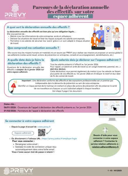 Flyer appel a declaration effectifs 2025 - - Parcours de la déclaration annuelle des effectifs sur votre espace adhérent - PREVY Prévention & Santé au Travail