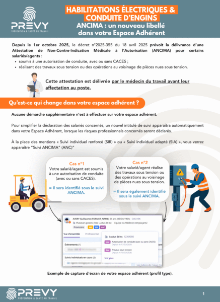 PREVY Flyer evolution de libelle ANCIMA pour salaries soumis habilitation electrique et conduite dengins - - Flyer - spécial habilitations électriques et conduite d'engin - ANCIMA : un nouveau libellé dans votre Espace Adhérent - PREVY Prévention & Santé au Travail